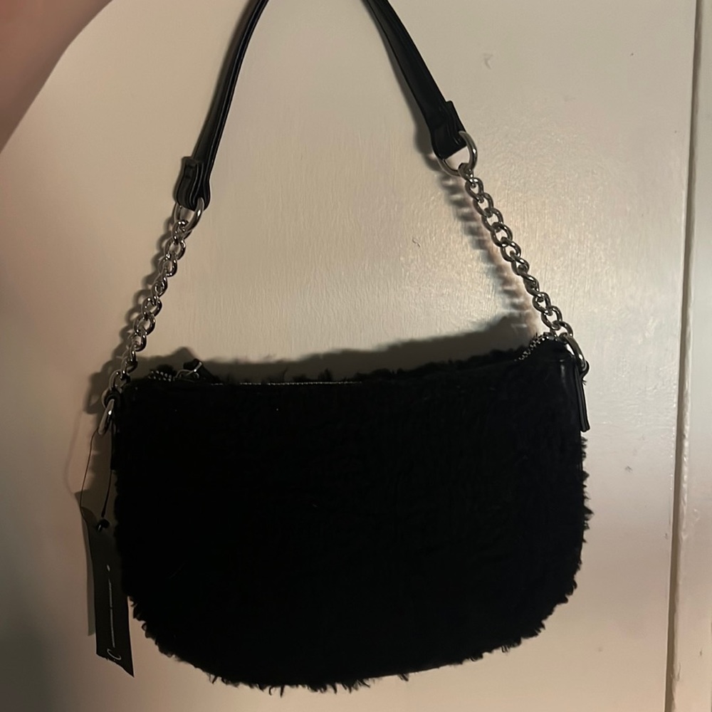 International Concepts Fur/Chain Handbag Black teddy material NWT